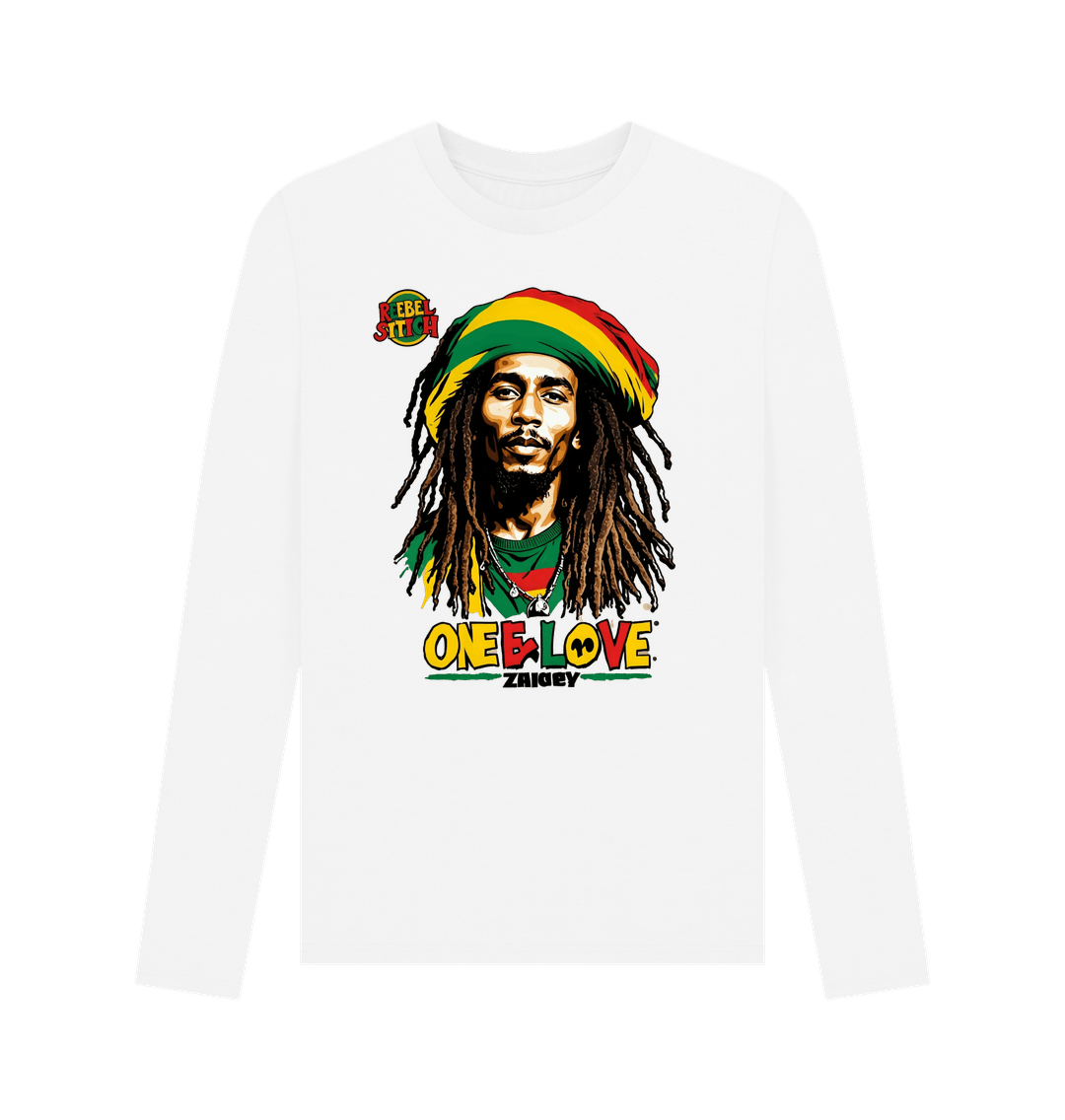 White Rebel Stitch Premium Cotton Long Sleeve T-Shirt Zion-One Love Front Print #2