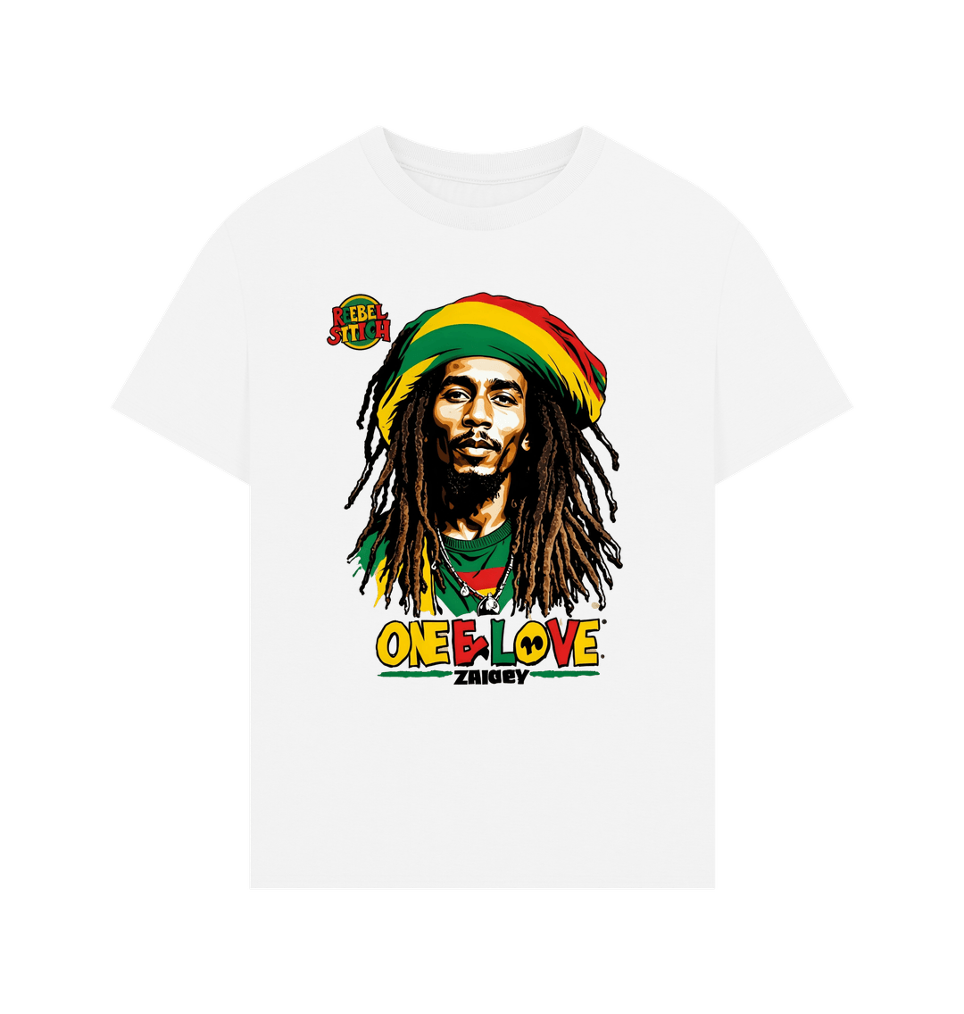 White Rebel Stitch Premium Cotton Oversized Short Sleeve T-Shirt Zion-One Love Front Print #2