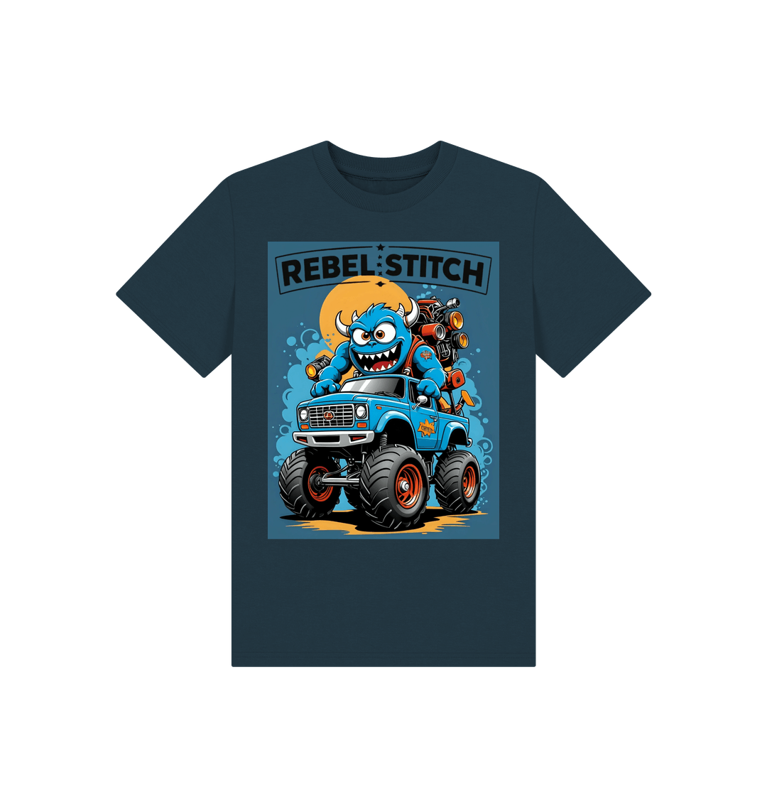 Denim Blue Rebel Stitch Premium Cotton Short Sleeve Kids T-Shirt Monster Truck Front Print #3