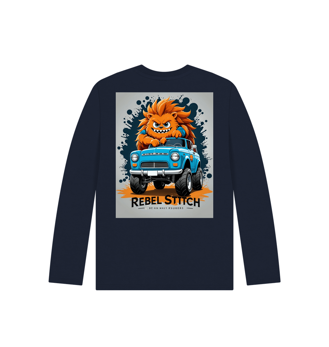 Navy Blue Rebel Stitch Premium Cotton Long Sleeve Kids T-Shirt Monster Truck Back Print #2