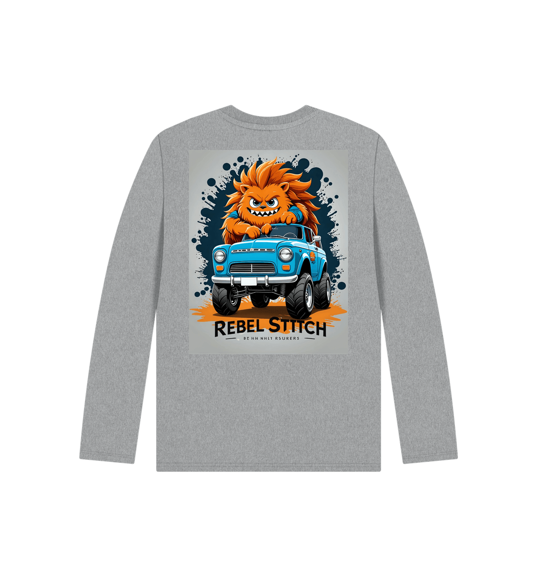 Athletic Grey Rebel Stitch Premium Cotton Long Sleeve Kids T-Shirt Monster Truck Back Print #2