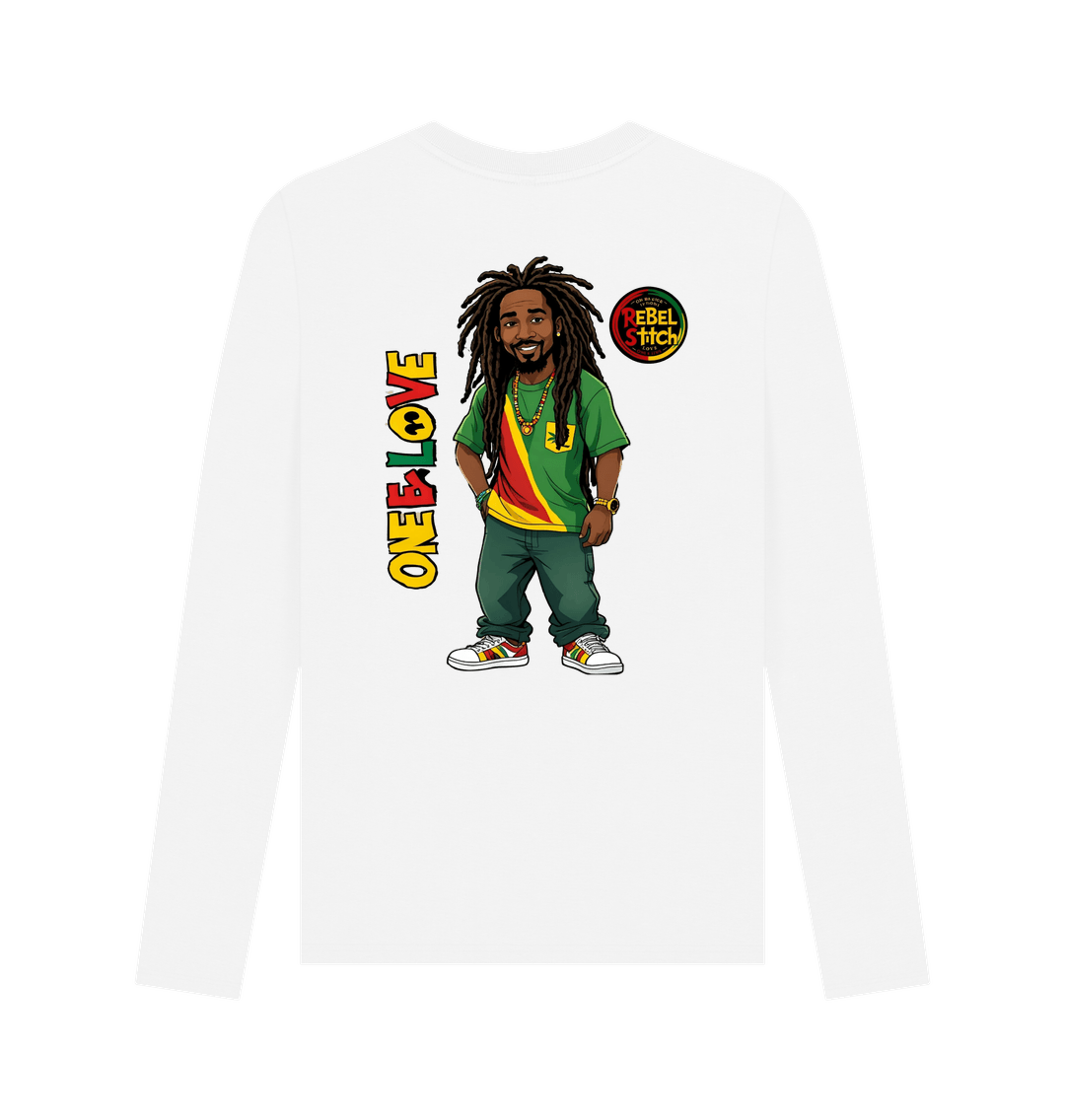 White Rebel Stitch Premium Cotton Long Sleeve T-Shirt Zion-One Love Back Print #1