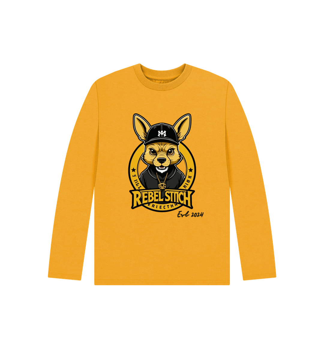 Mustard Rebel Stitch Premium Cotton Long Sleeve Kids T-Shirt Main Line Front Print #1