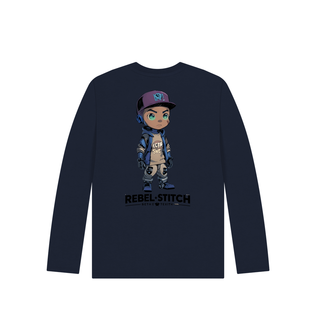 Navy Blue Rebel Stitch Premium Cotton Long Sleeve Kids T-Shirt Rebel Kids Back Print #2