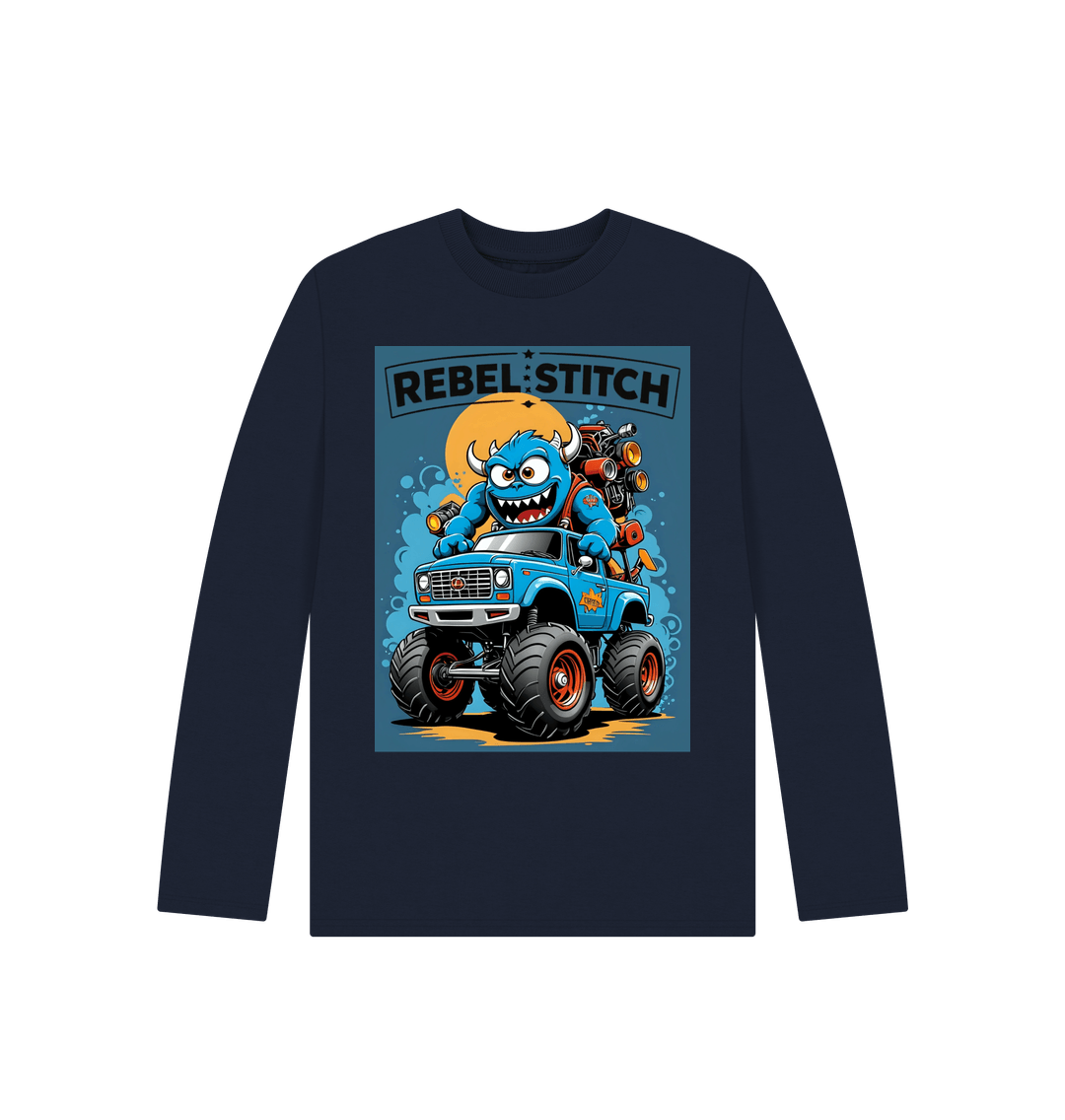 Navy Blue Rebel Stitch Premium Cotton Long Sleeve Kids T-Shirt Monster Truck Front Print #3