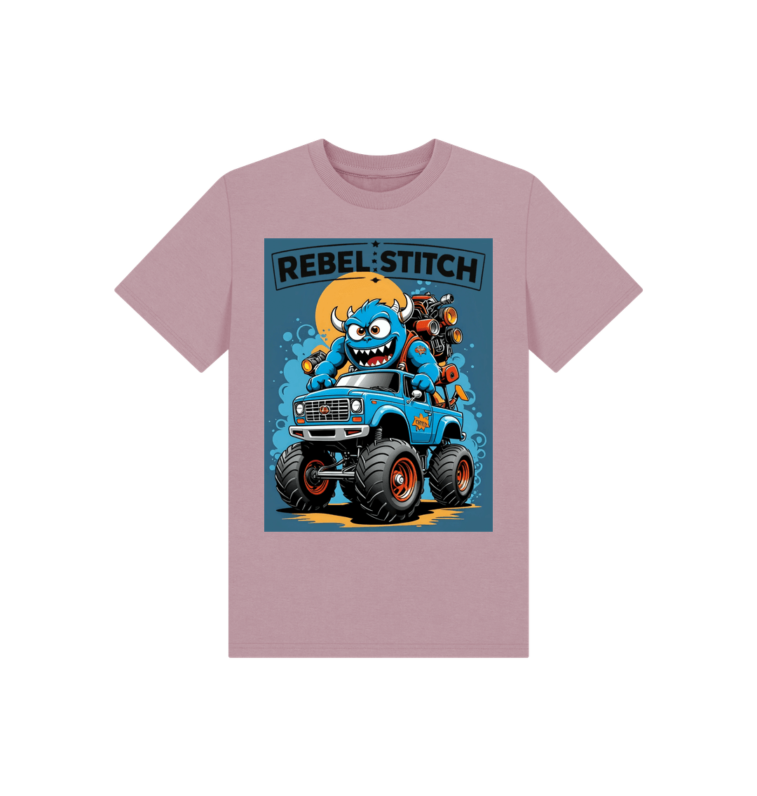 Mauve Rebel Stitch Premium Cotton Short Sleeve Kids T-Shirt Monster Truck Front Print #3