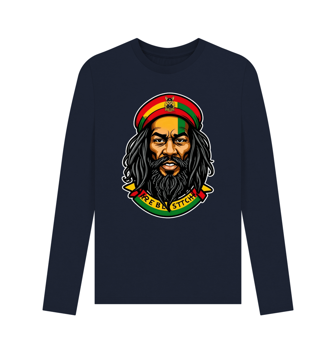 Navy Blue Rebel Stitch Premium Cotton Long Sleeve T-Shirt Zion-One Love Front Print #3