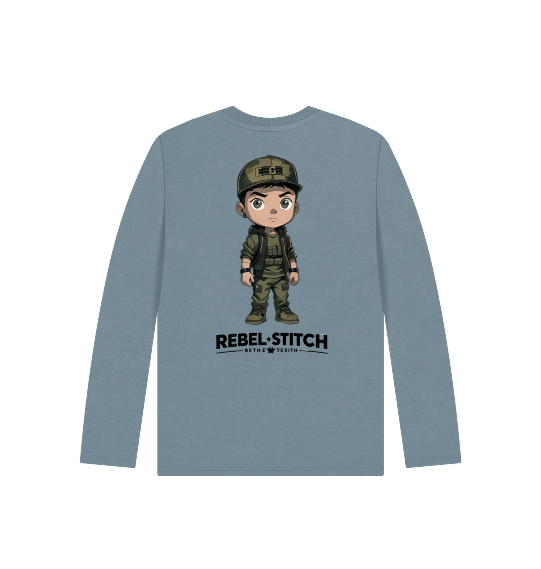 Stone Blue Rebel Stitch Premium Cotton Long Sleeve Kids T-Shirt Rebel Kids Back Print #4