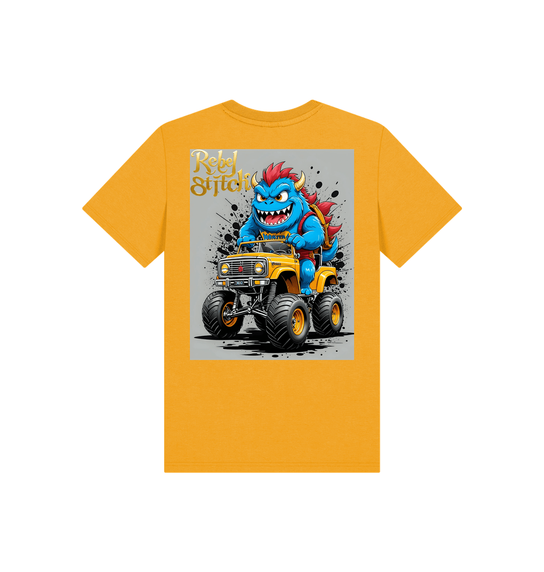 Mustard Rebel Stitch Premium Cotton Short Sleeve Kids T-Shirt Monster Truck Back Print #4