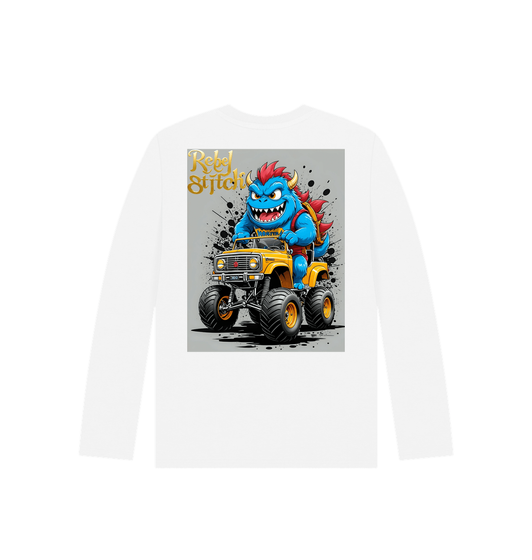 White Rebel Stitch Premium Cotton Long Sleeve Kids T-Shirt Monster Truck Back Print #4