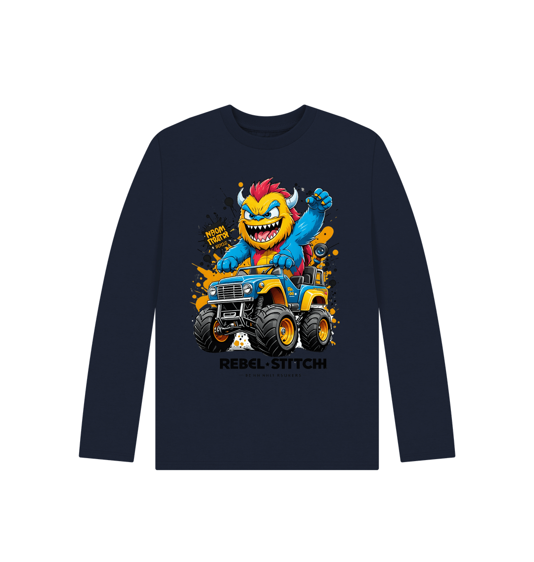 Navy Blue Rebel Stitch Premium Cotton Long Sleeve Kids T-Shirt Monster Truck Front Print #1