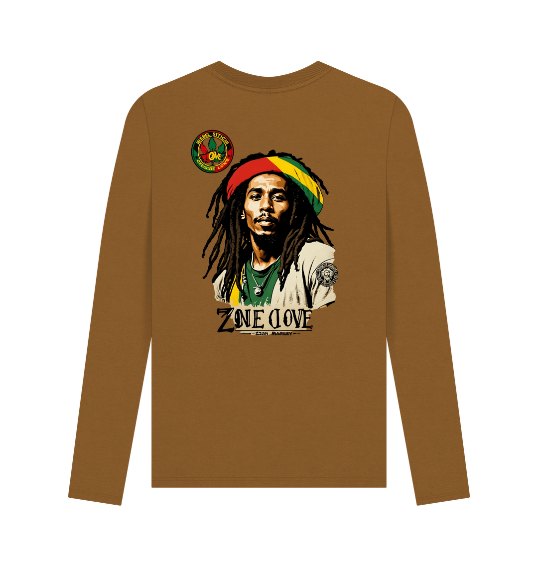 Brown Rebel Stitch Premium Cotton Long Sleeve T-Shirt Zion-One Love Back Print #4