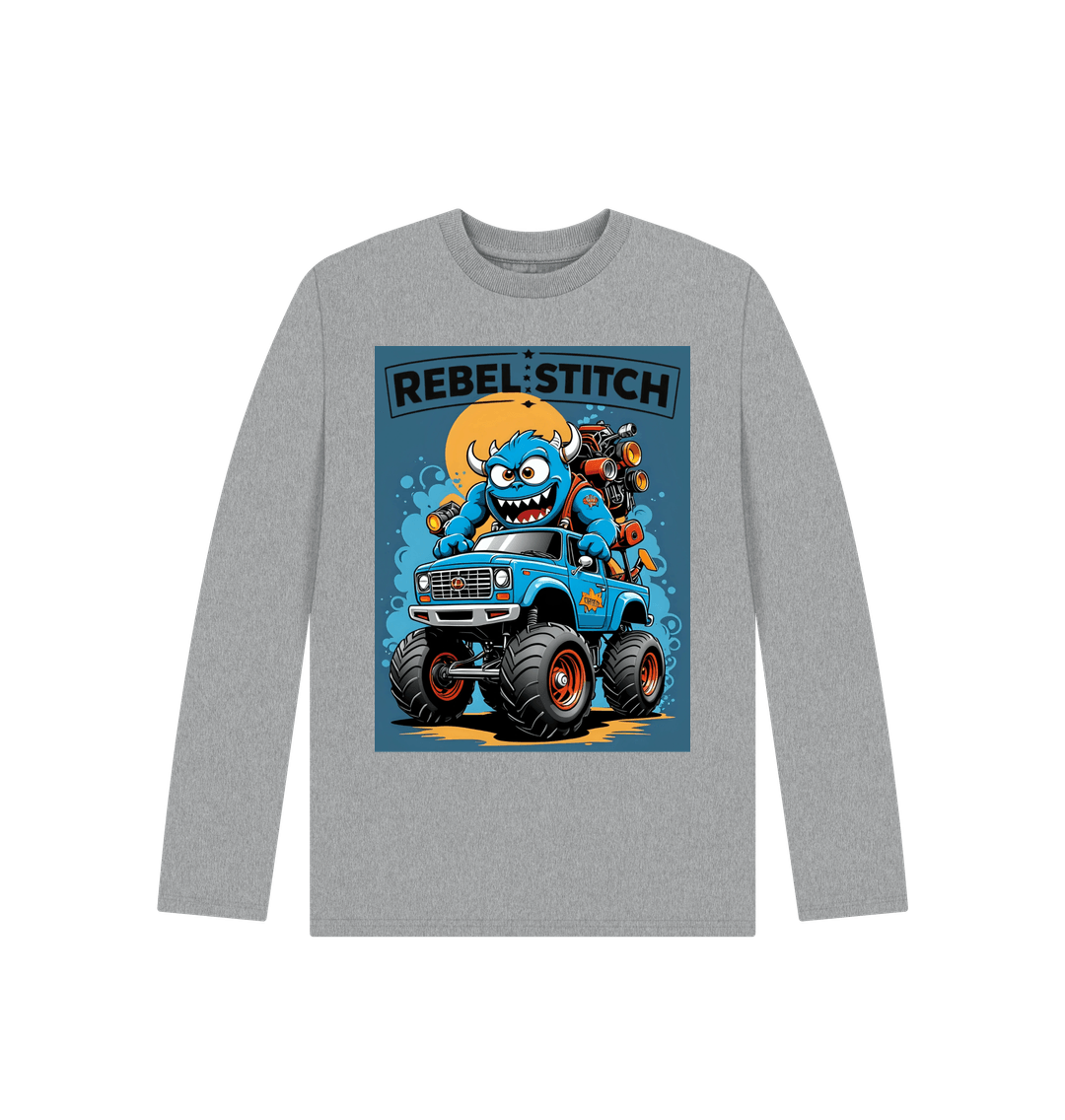 Athletic Grey Rebel Stitch Premium Cotton Long Sleeve Kids T-Shirt Monster Truck Front Print #3