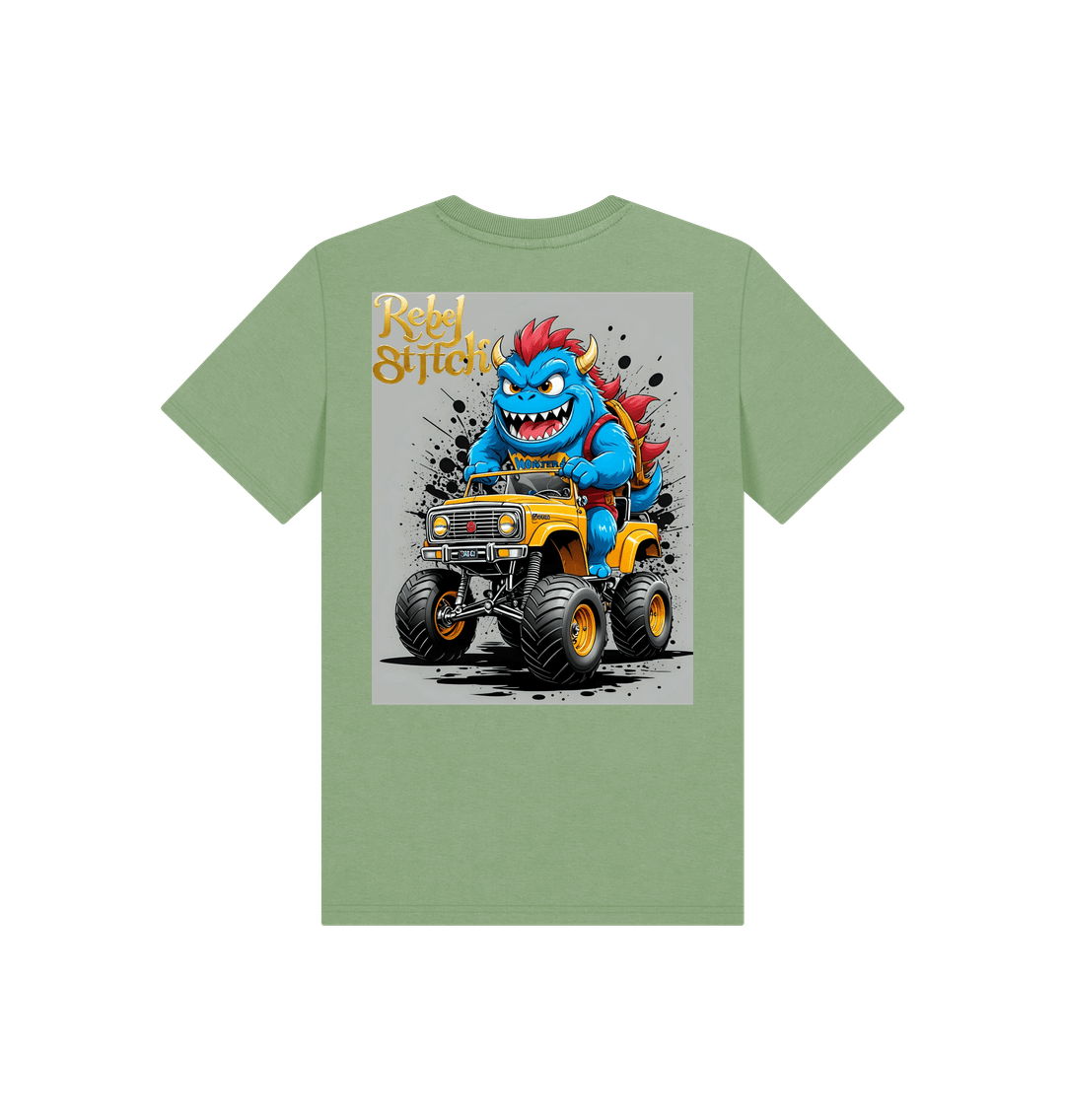 Sage Rebel Stitch Premium Cotton Short Sleeve Kids T-Shirt Monster Truck Back Print #4