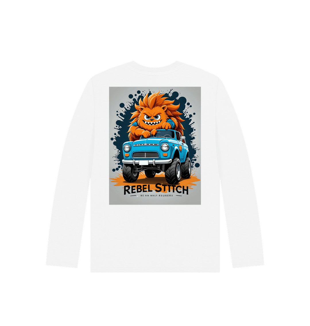 White Rebel Stitch Premium Cotton Long Sleeve Kids T-Shirt Monster Truck Back Print #2