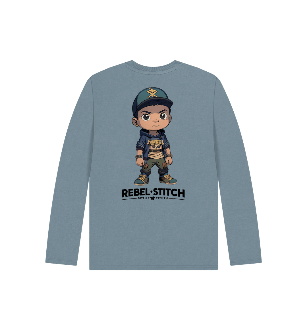 Stone Blue Rebel Stitch Premium Cotton Long Sleeve Kids T-Shirt Rebel Kids Back Print #3