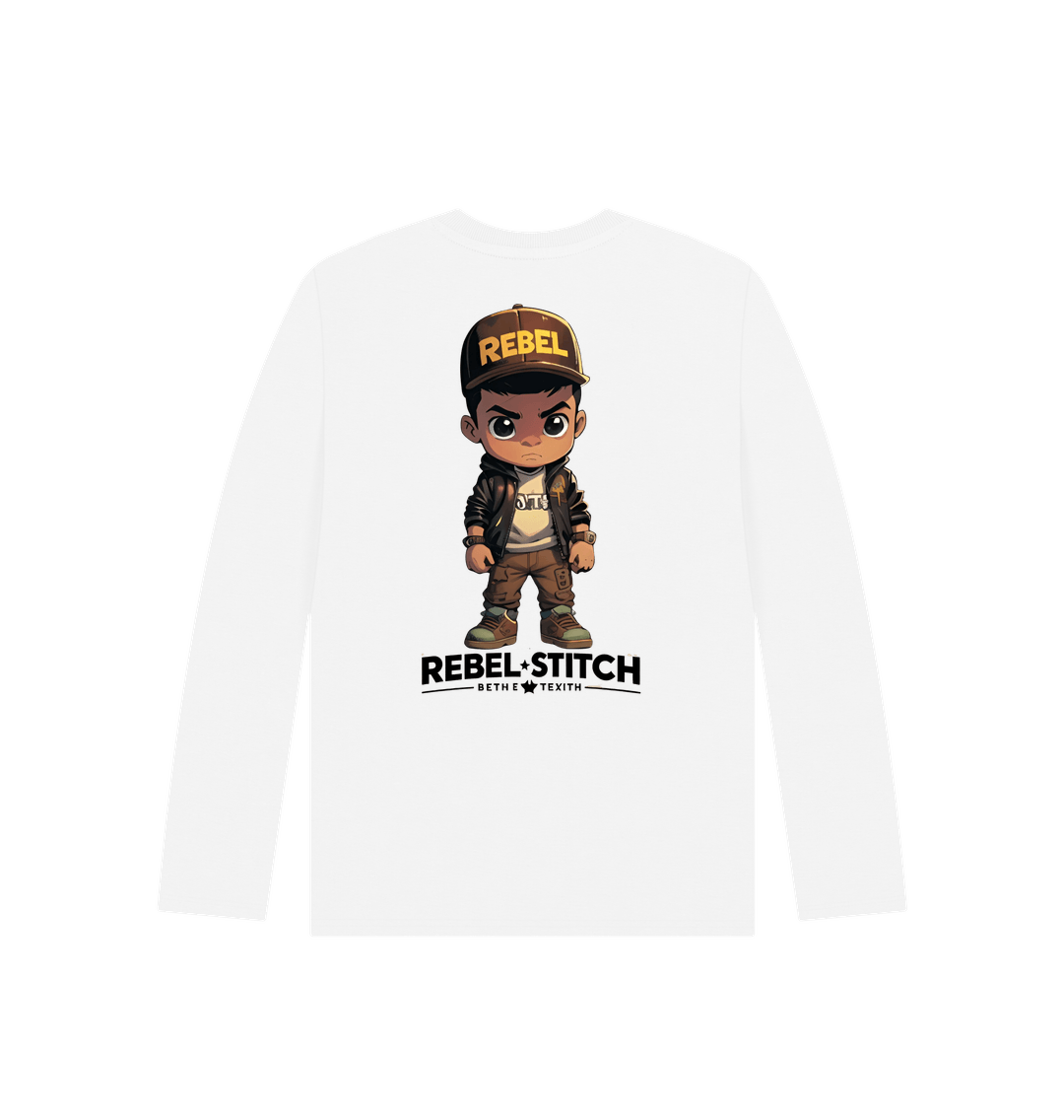 White Rebel Stitch Premium Cotton Long Sleeve Kids T-Shirt Rebel Kids Back Print #1