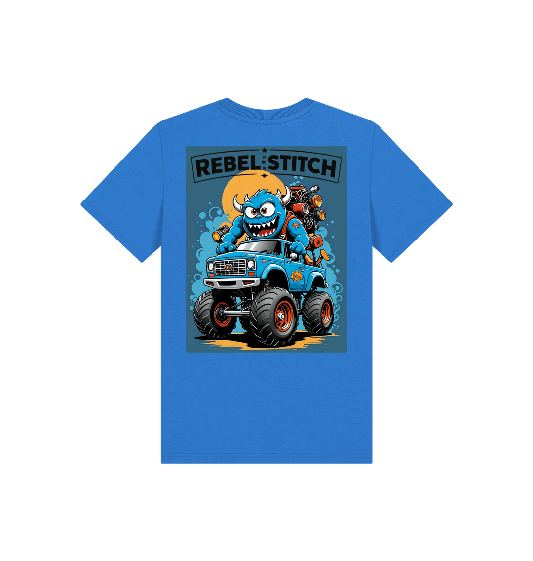 Bright Blue Rebel Stitch Premium Cotton Short Sleeve Kids T-Shirt Monster Truck Back Print #3