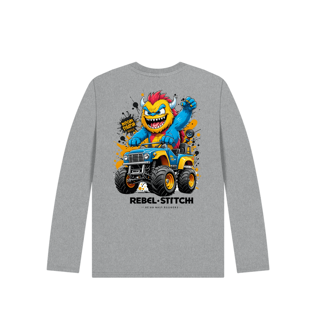 Athletic Grey Rebel Stitch Premium Cotton Long Sleeve Kids T-Shirt Monster Truck Back Print #1