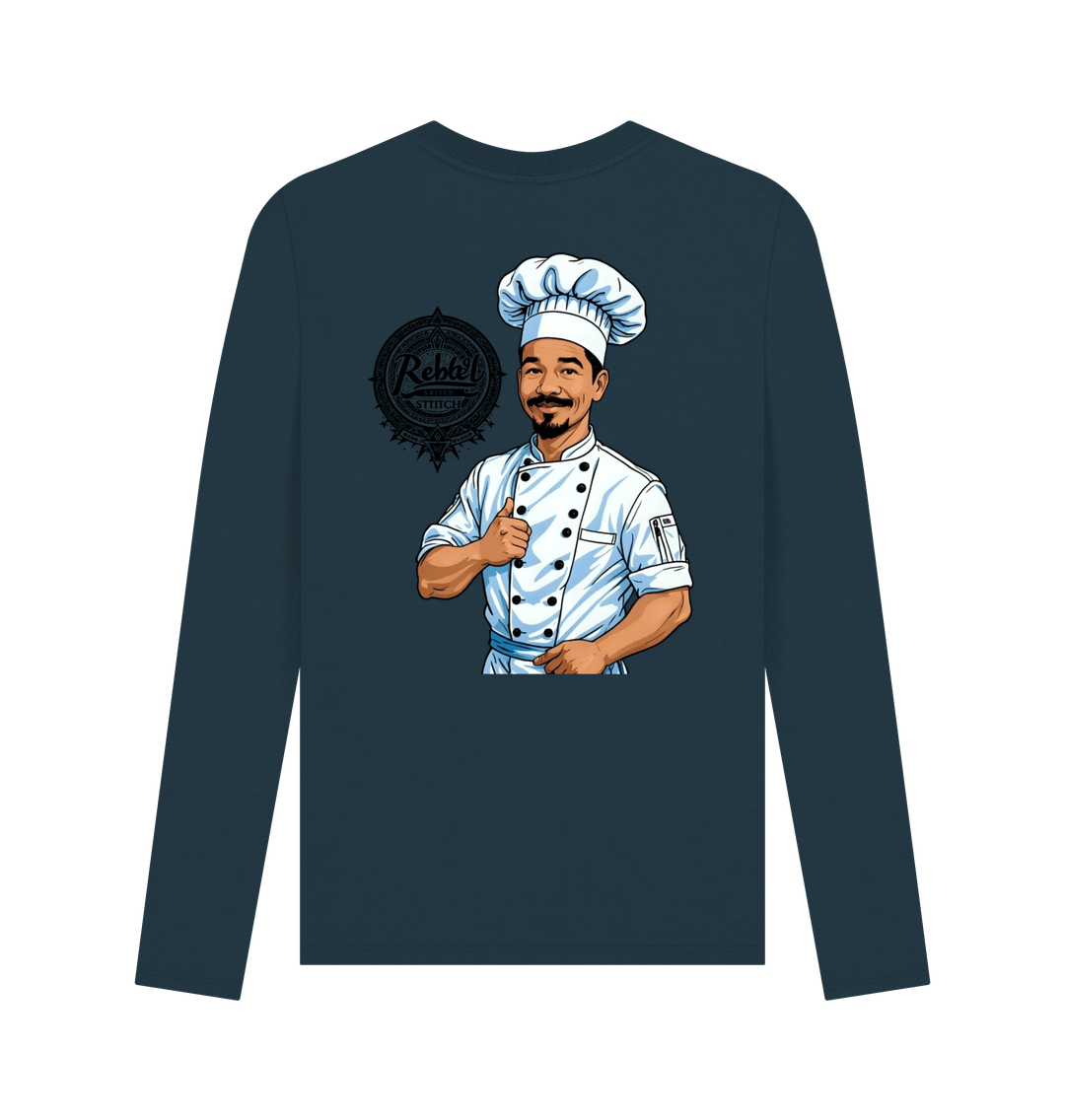 Denim Blue Rebel Stitch Premium Cotton Long Sleeve T-Shirt Chef Edition Back Print #2