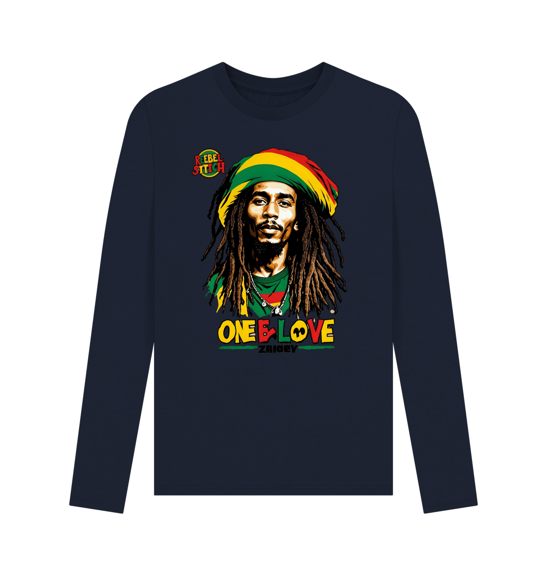 Navy Blue Rebel Stitch Premium Cotton Long Sleeve T-Shirt Zion-One Love Front Print #2