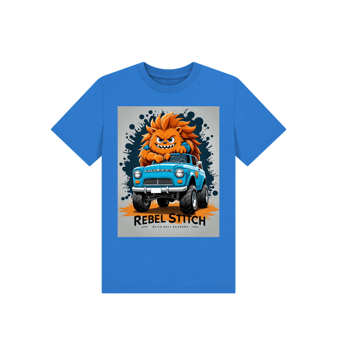 Bright Blue Rebel Stitch Premium Cotton Short Sleeve Kids T-Shirt Monster Truck Front Print #2