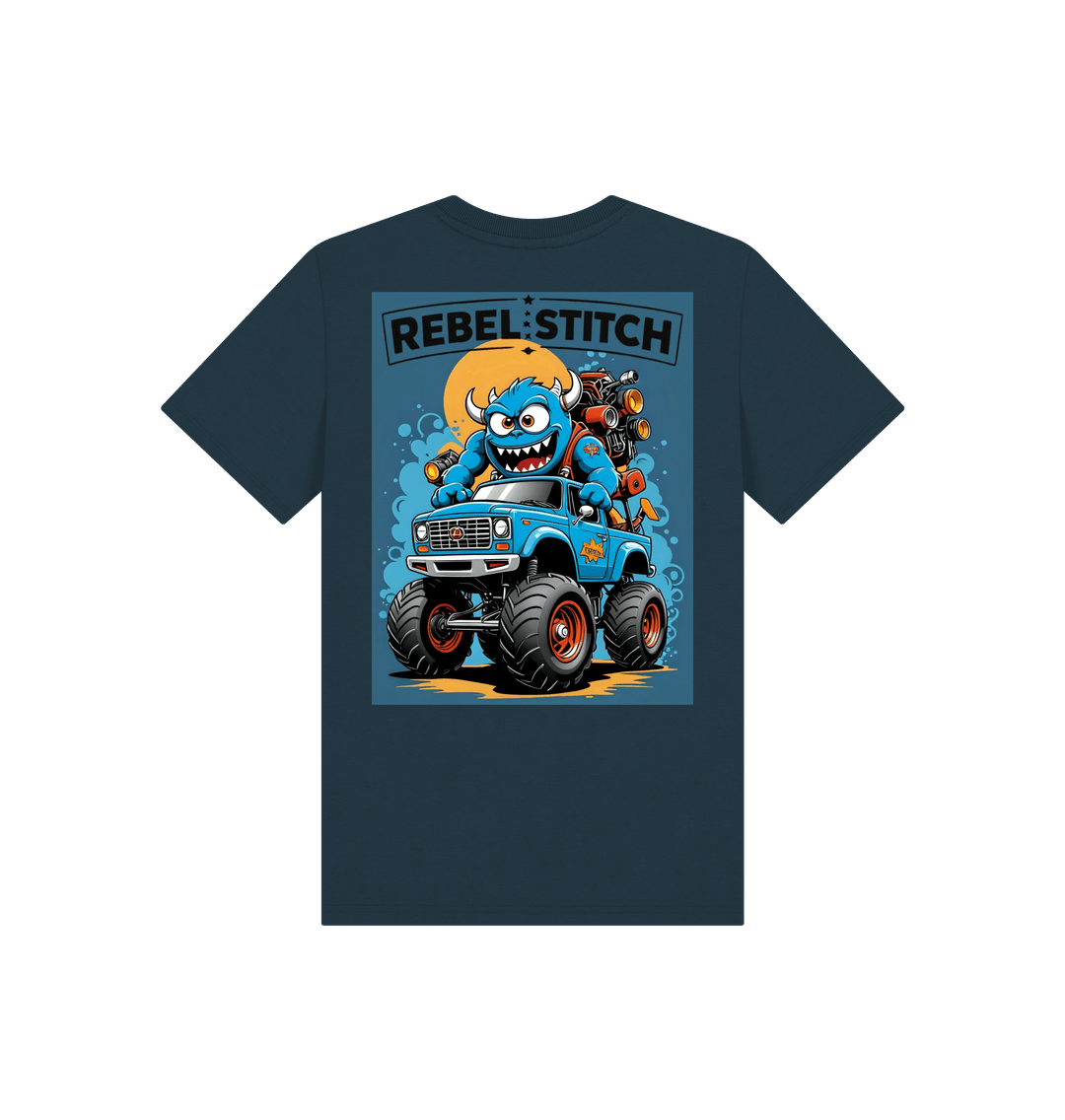 Denim Blue Rebel Stitch Premium Cotton Short Sleeve Kids T-Shirt Monster Truck Back Print #3