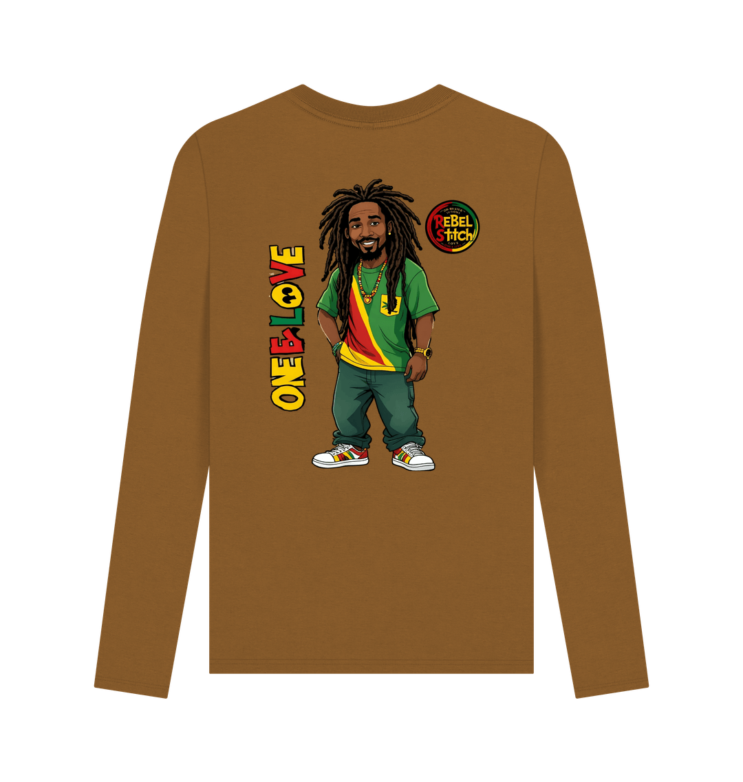 Brown Rebel Stitch Premium Cotton Long Sleeve T-Shirt Zion-One Love Back Print #1