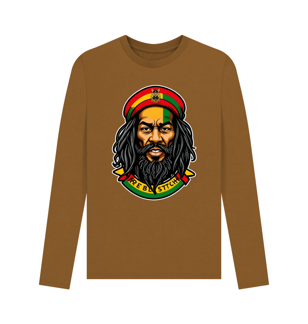 Brown Rebel Stitch Premium Cotton Long Sleeve T-Shirt Zion-One Love Front Print #3