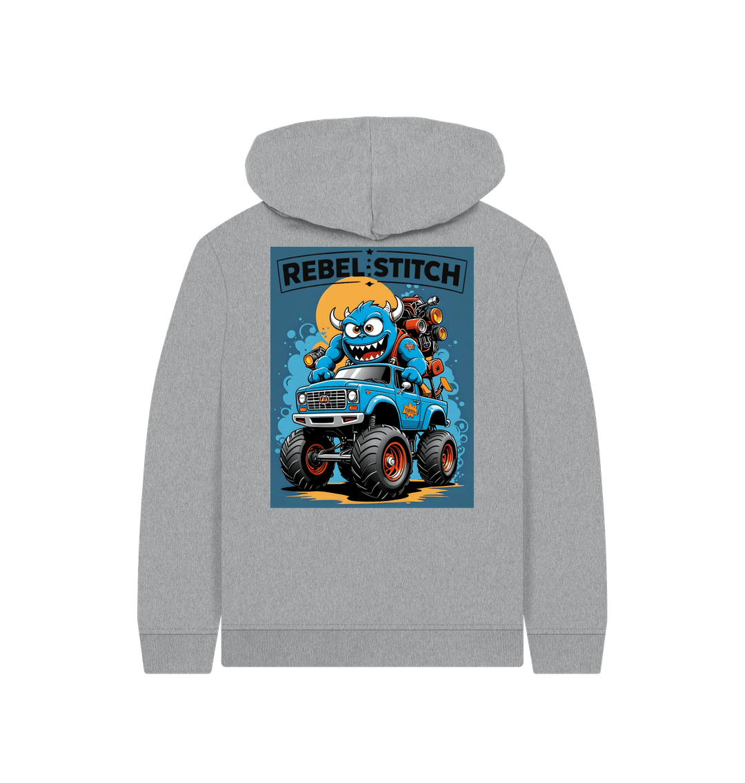 Athletic Grey Rebel Stitch Premium Cotton Kids Hoodie Monster Truck Back Print #3