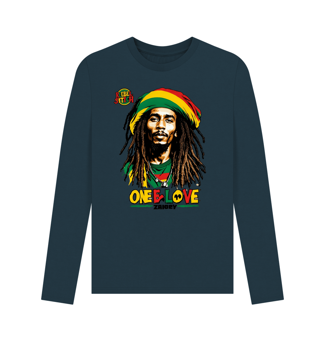 Denim Blue Rebel Stitch Premium Cotton Long Sleeve T-Shirt Zion-One Love Front Print #2