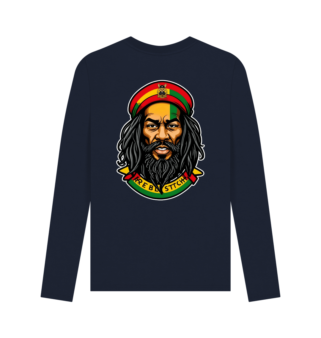 Navy Blue Rebel Stitch Premium Cotton Long Sleeve T-Shirt Zion-One Love Back Print #3