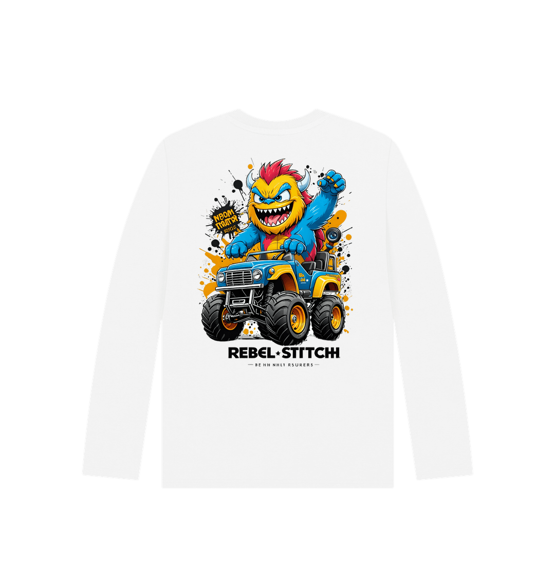 White Rebel Stitch Premium Cotton Long Sleeve Kids T-Shirt Monster Truck Back Print #1