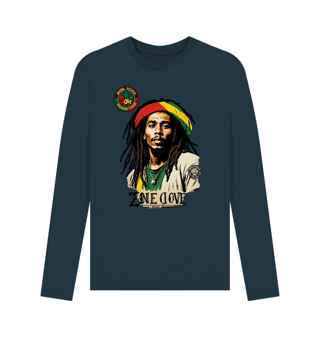 Denim Blue Rebel Stitch Premium Cotton Long Sleeve T-Shirt Zion-One Love Front Print #4