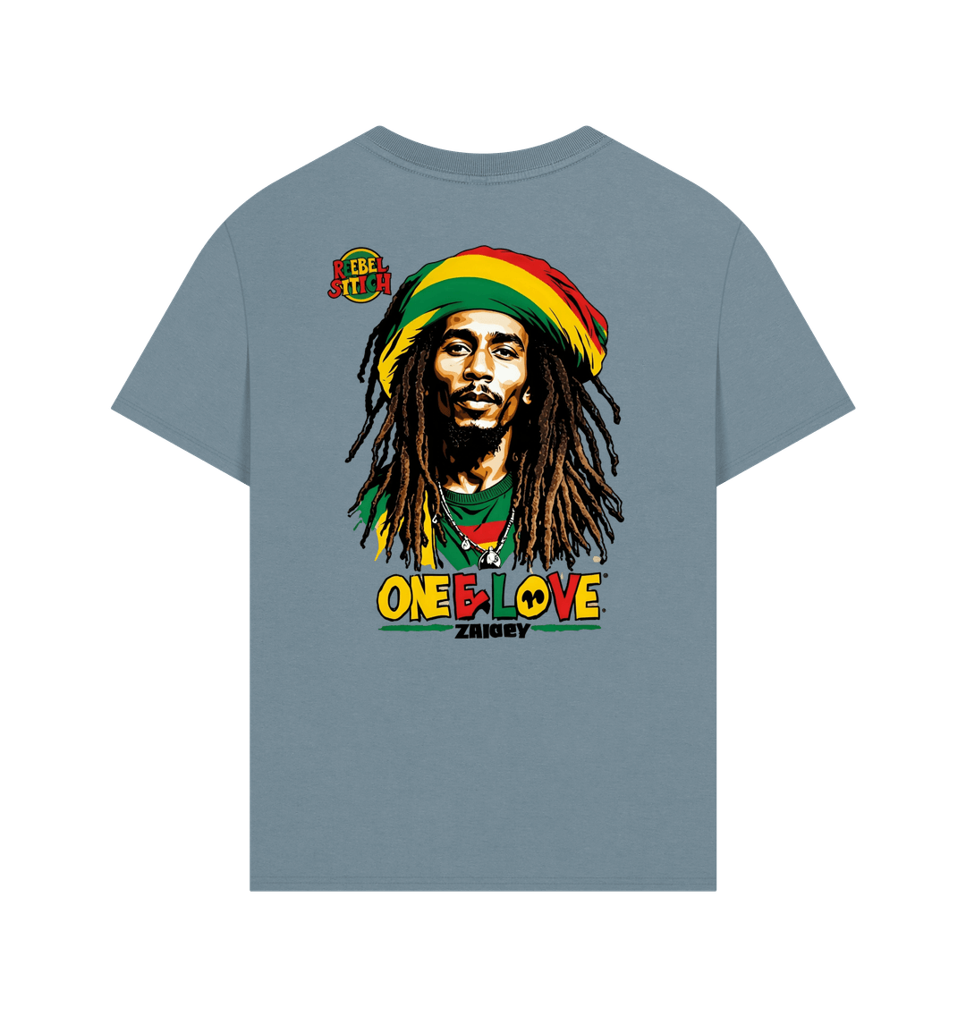 Stone Blue Rebel Stitch Premium Cotton Oversized Short Sleeve T-Shirt Zion-One Love Back Print #2