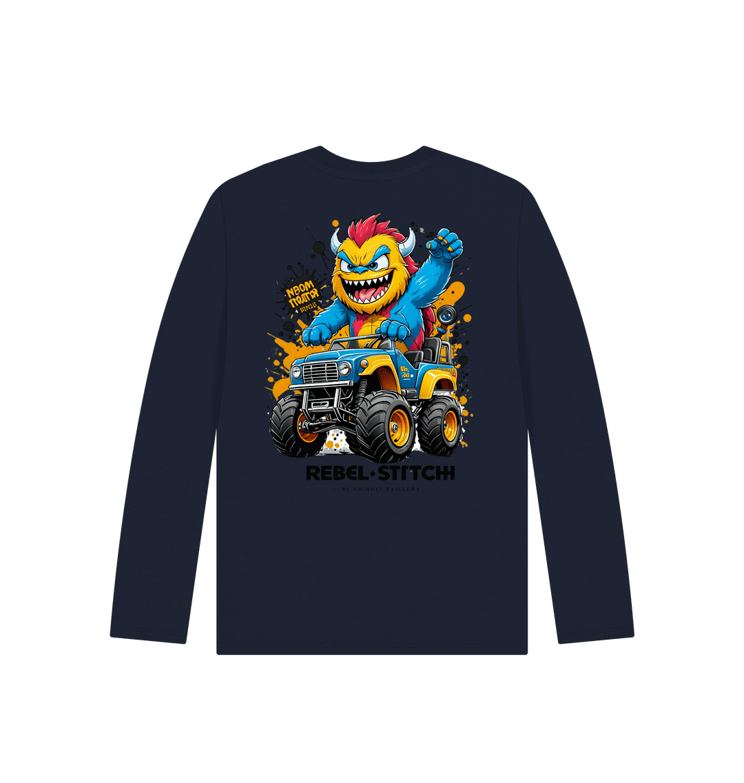 Navy Blue Rebel Stitch Premium Cotton Long Sleeve Kids T-Shirt Monster Truck Back Print #1