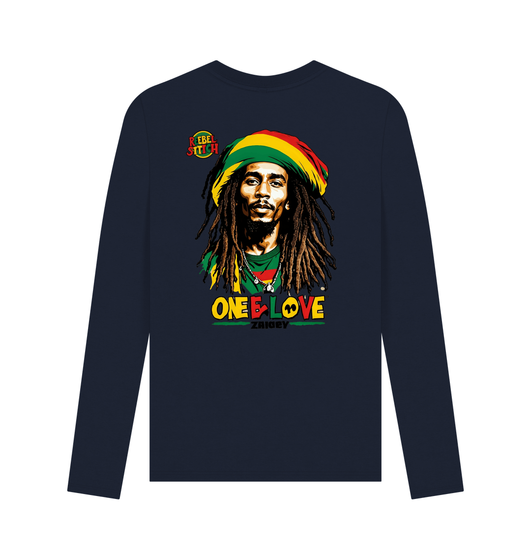 Navy Blue Rebel Stitch Premium Cotton Long Sleeve T-Shirt Zion-One Love Back Print #2