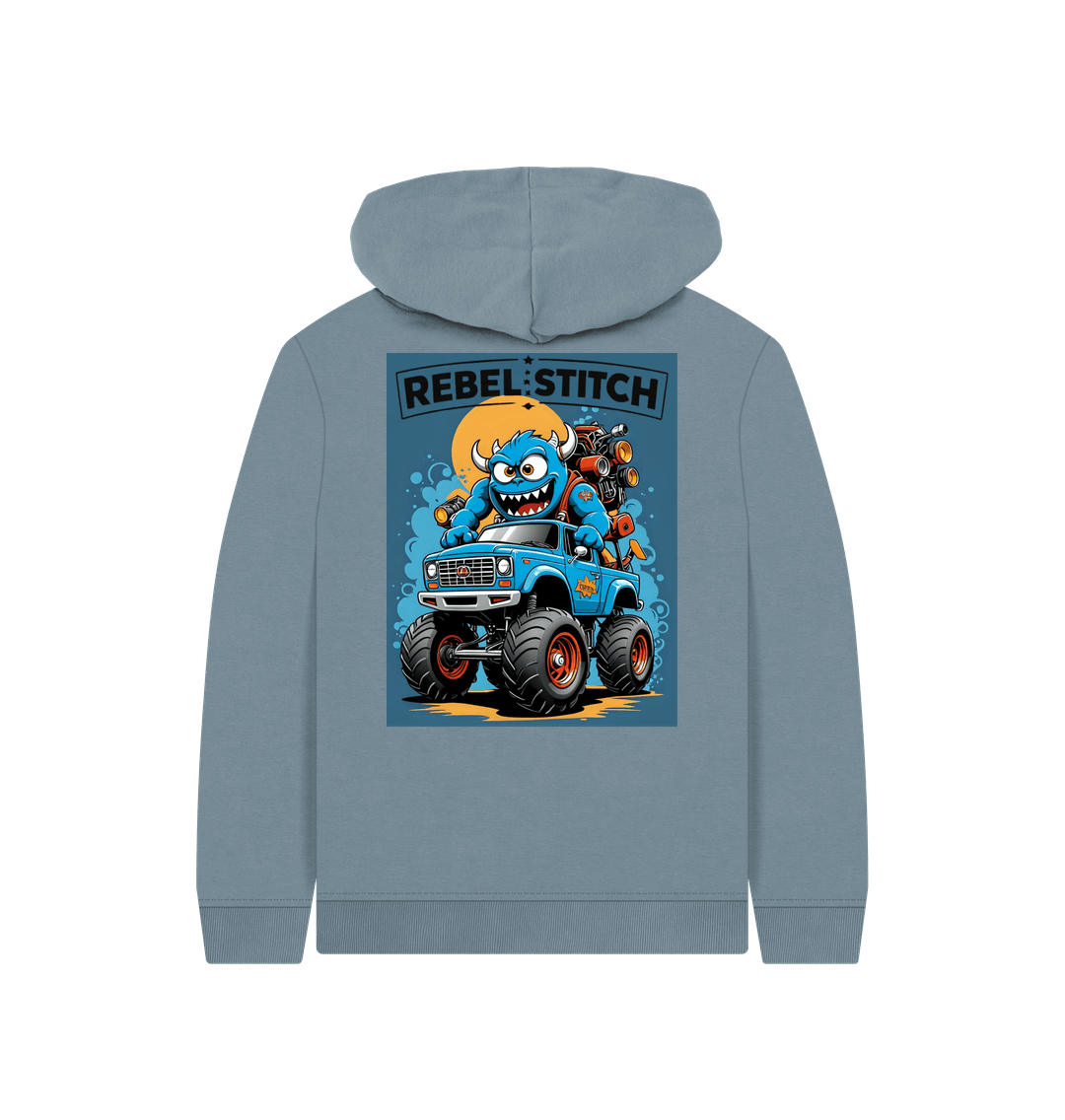 Stone Blue Rebel Stitch Premium Cotton Kids Hoodie Monster Truck Back Print #3