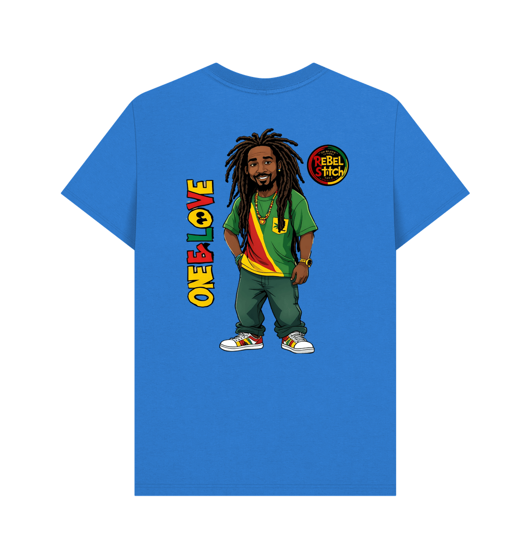 Bright Blue Rebel Stitch Premium Cotton Short Sleeve T-Shirt Zion-One Love Back Print #1