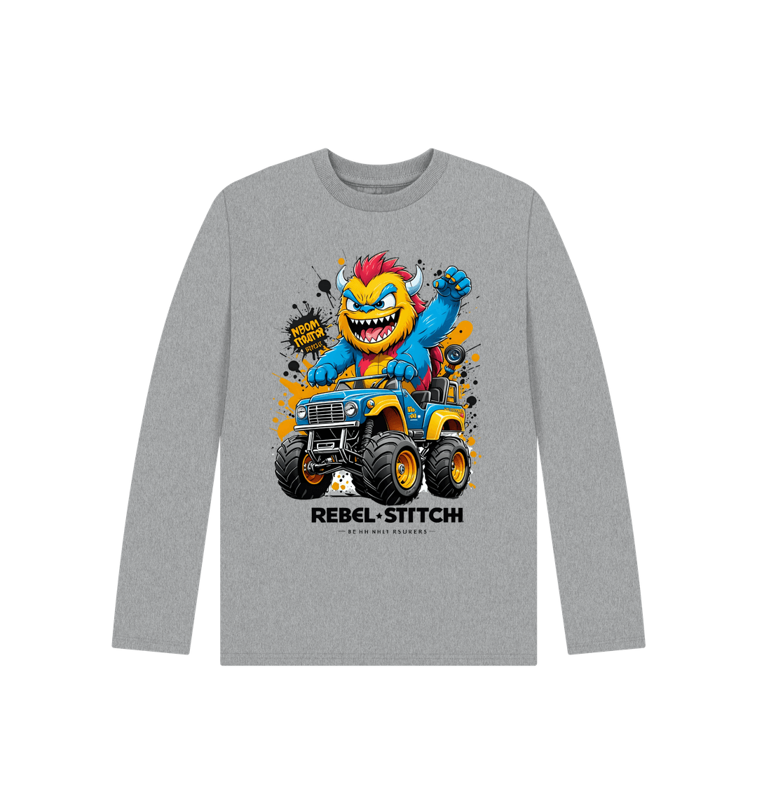 Athletic Grey Rebel Stitch Premium Cotton Long Sleeve Kids T-Shirt Monster Truck Front Print #1