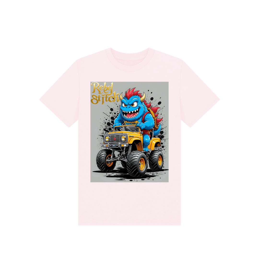 Pink Rebel Stitch Premium Cotton Short Sleeve Kids T-Shirt Monster Truck Front Print #4