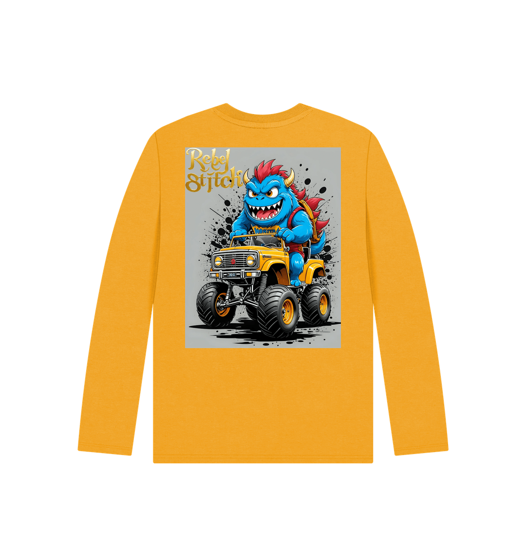 Mustard Rebel Stitch Premium Cotton Long Sleeve Kids T-Shirt Monster Truck Back Print #4