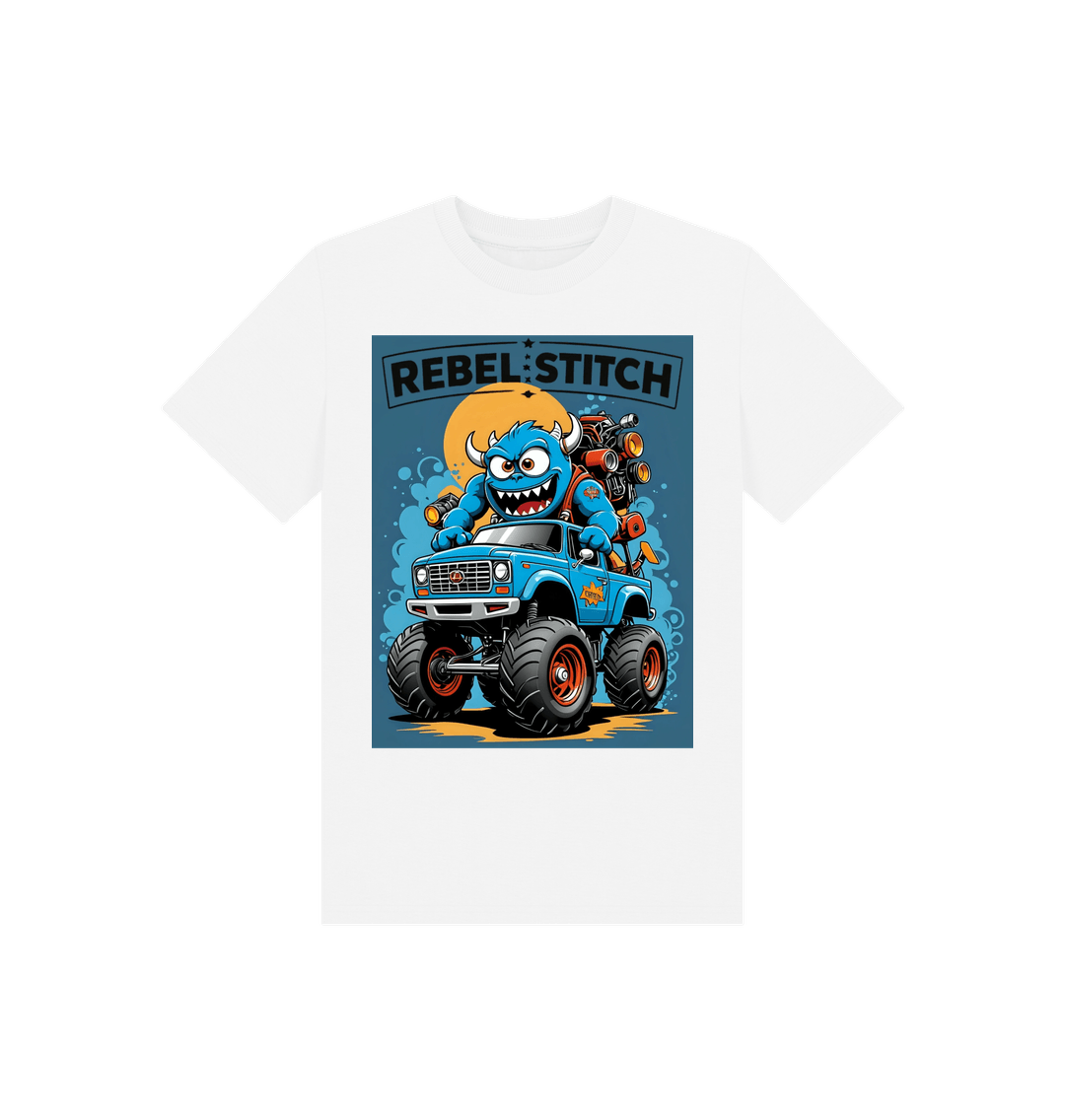 White Rebel Stitch Premium Cotton Short Sleeve Kids T-Shirt Monster Truck Front Print #3