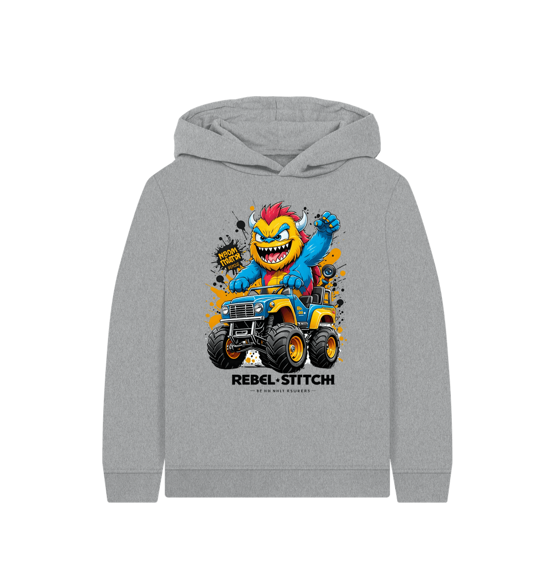 Athletic Grey Rebel Stitch Premium Cotton Kids Hoodie Monster Truck Front Print #1