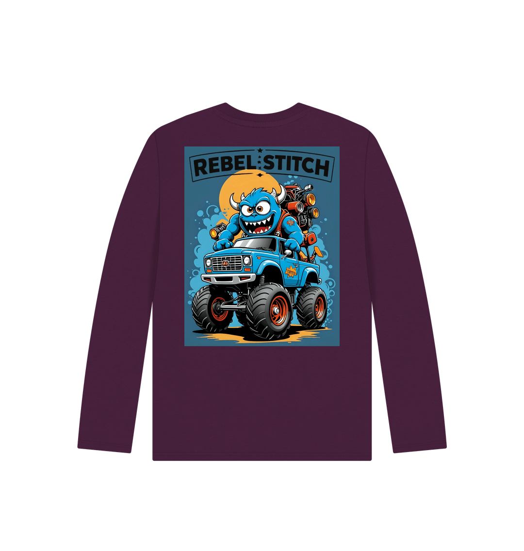 Purple Rebel Stitch Premium Cotton Long Sleeve Kids T-Shirt Monster Truck Back Print #3