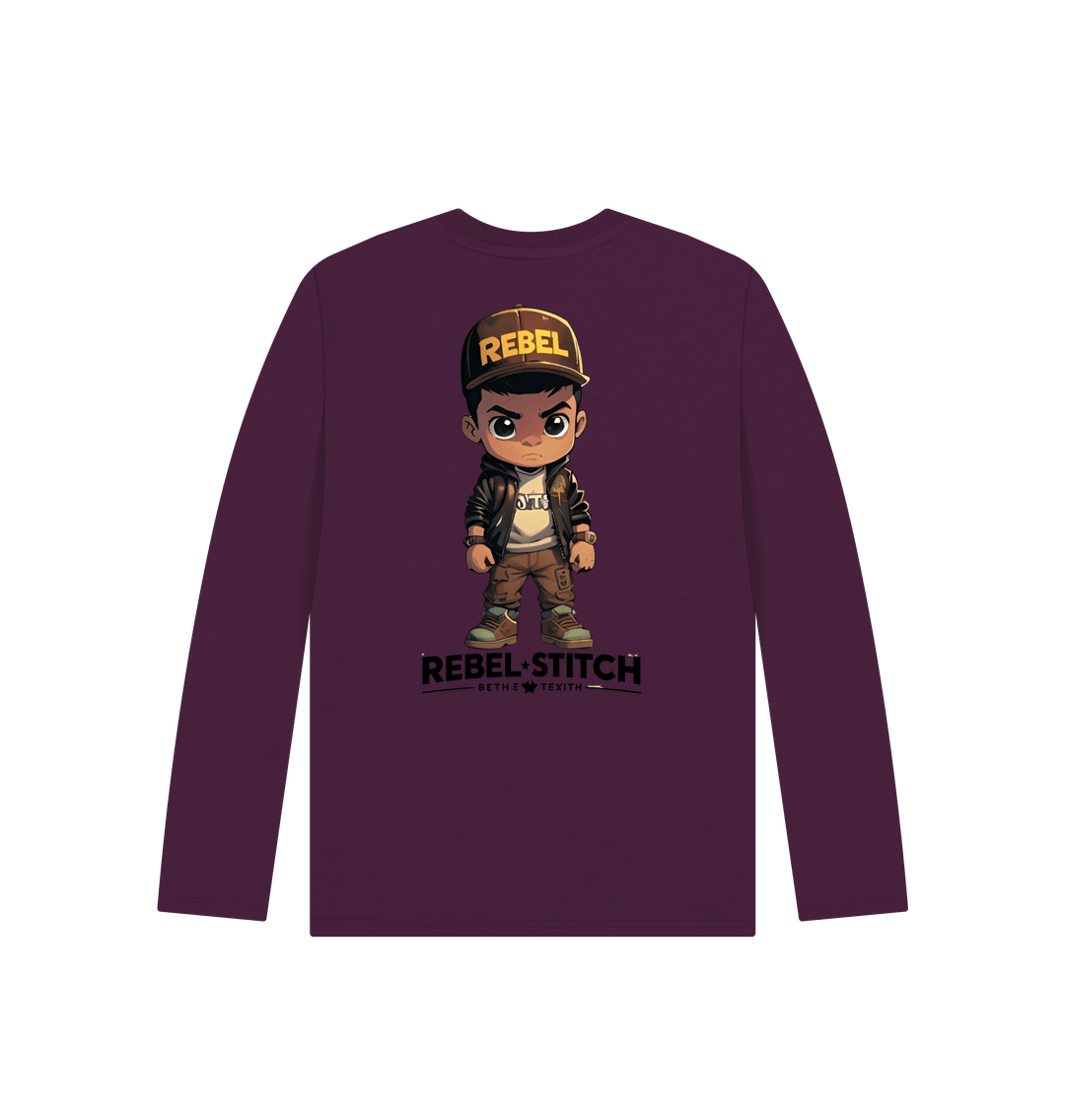 Purple Rebel Stitch Premium Cotton Long Sleeve Kids T-Shirt Rebel Kids Back Print #1