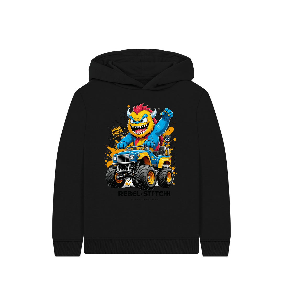 Black Rebel Stitch Premium Cotton Kids Hoodie Monster Truck Front Print #1