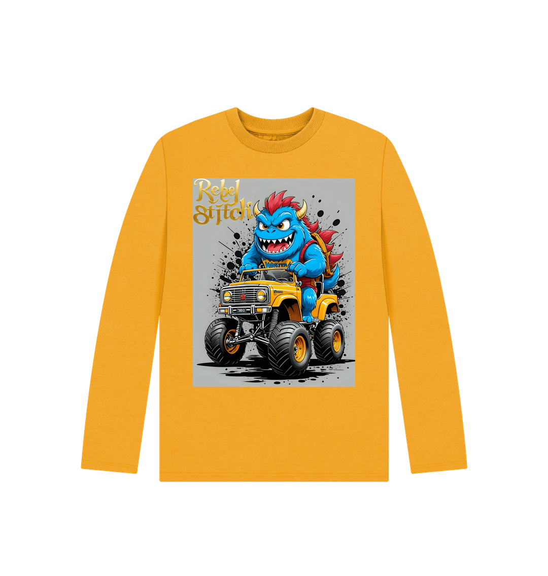 Mustard Rebel Stitch Premium Cotton Long Sleeve Kids T-Shirt Monster Truck Front Print #4