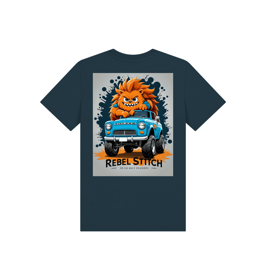 Denim Blue Rebel Stitch Premium Cotton Short Sleeve Kids T-Shirt Monster Truck Back Print #2