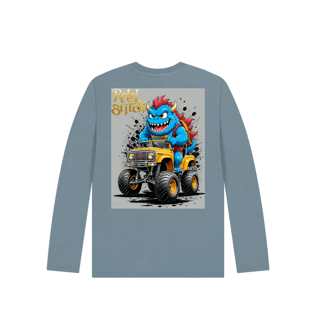 Stone Blue Rebel Stitch Premium Cotton Long Sleeve Kids T-Shirt Monster Truck Back Print #4